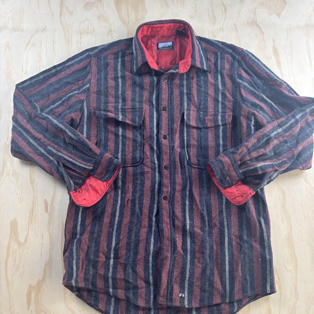 Vintage Fieldmaster Shirt Jacket Mens MT Red Wool Striped Flannel Lined Workwear